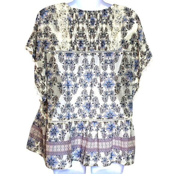 Daniel Rainn Floral Lace Trim Blouse Large Cream/Blue Boho Top With Tassels & - Picture 2 of 10